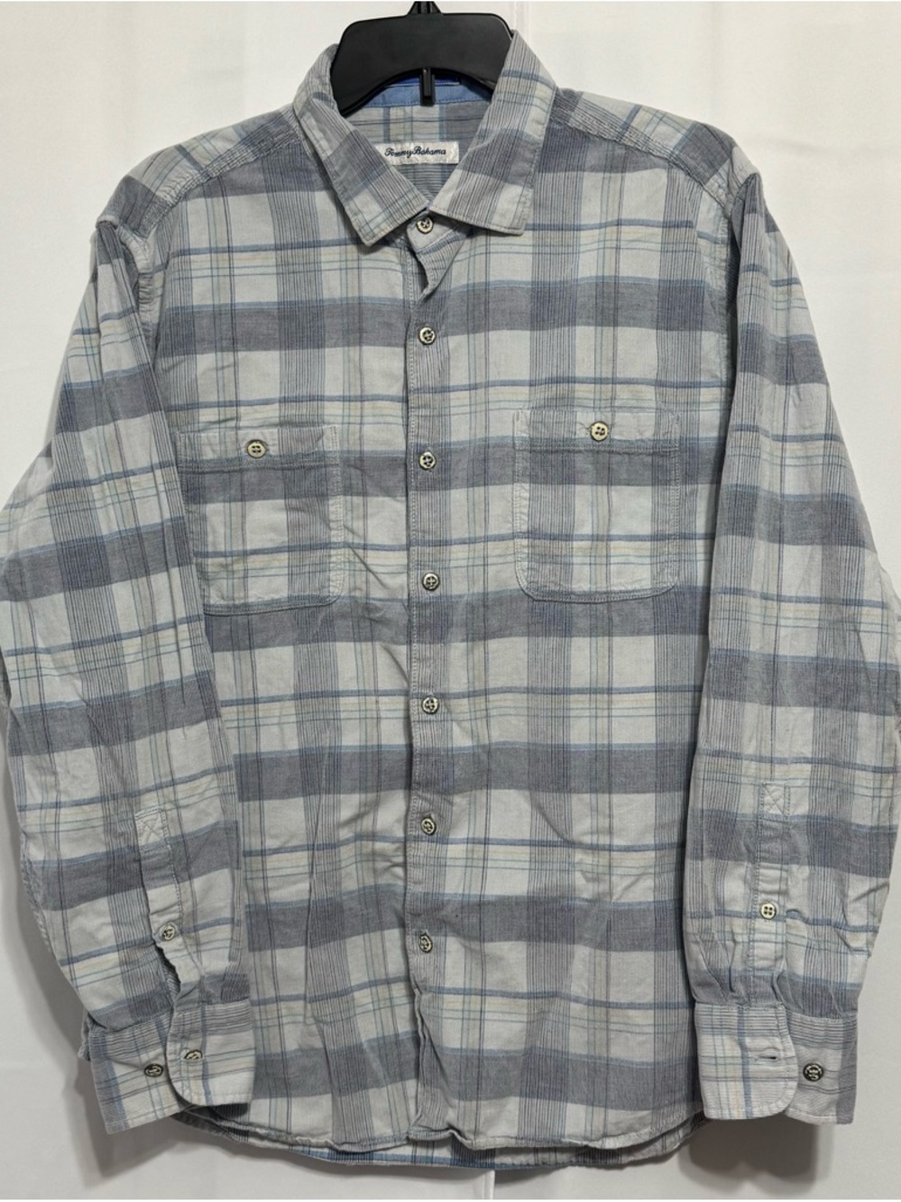 Tommy Bahama Corduroy Shirt Slate Blue Gray Plaid Fine Wale Coastal Chic Large